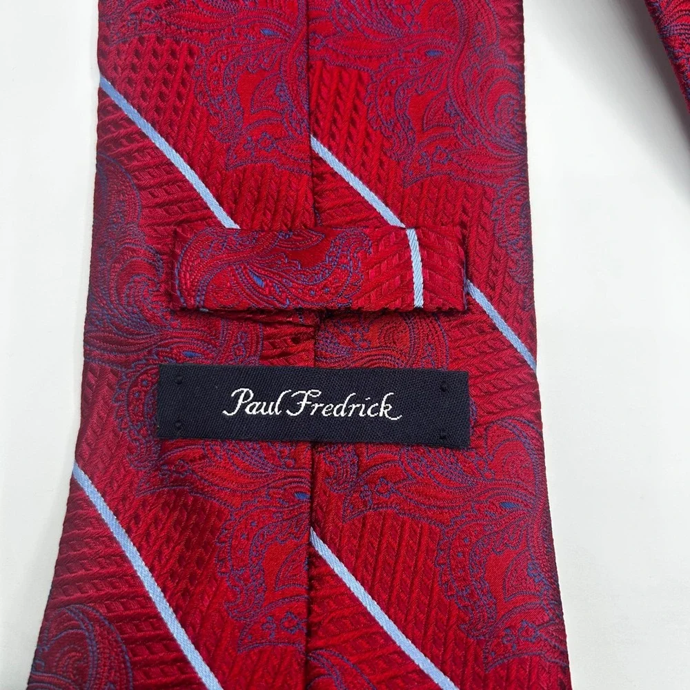 Paul Fredrick Mens Red Blue Paisley‎ Striped Italian Silk Hand Tailored Tie USA